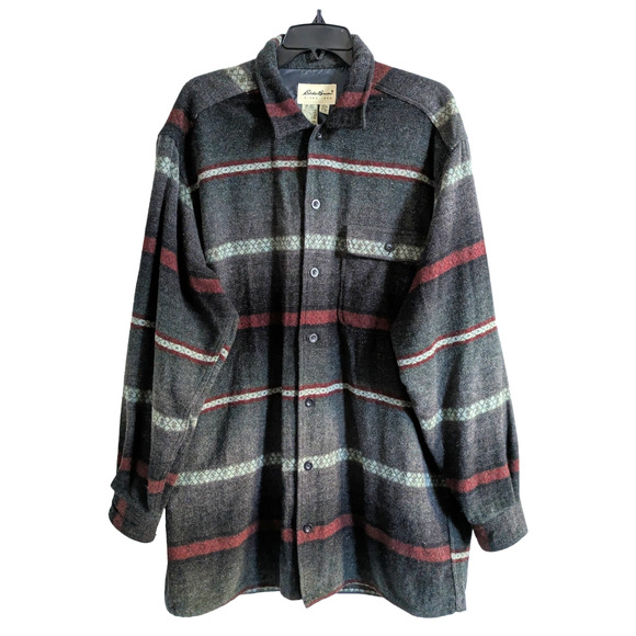 Vintage Eddie Bauer Gray Striped Button Down Wool Shirt Jacket Large - Picture 1 of 5